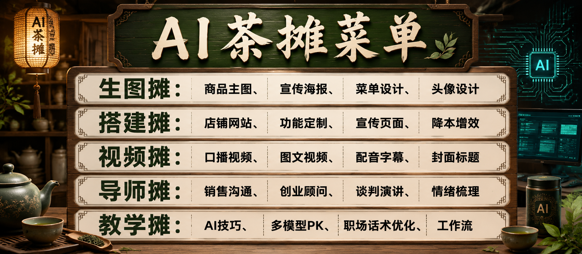 AI茶摊菜单：生图、搭建、视频、导师、教学