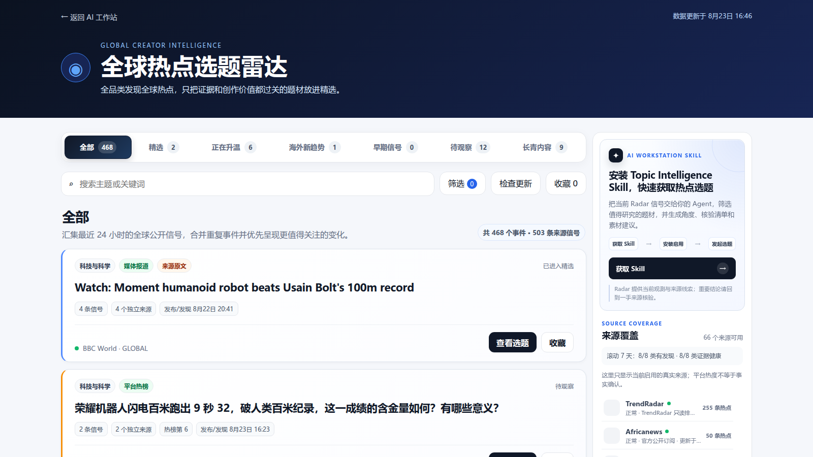 AI Workstation 全球热点选题雷达中的 Topic Intelligence 入口